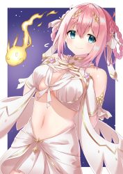 Rule 34 | 1girl, absurdres, bare shoulders, blue eyes, blush, braid, braided hair rings, breasts, bridal gauntlets, cleavage, criss-cross halter, detached sleeves, hair ribbon, hair rings, halterneck, hands on own chest, highres, large breasts, looking at viewer, navel, pink hair, princess connect!, ribbon, short hair, skirt, smile, solo, twin braids, white skirt, will-o&#039;-the-wisp (mythology), yamano rokamizu, yui (ceremonial) (princess connect!), yui (princess connect!)