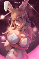 Rule 34 | 1girl, absurdres, animal ears, arm between breasts, warrior of light (ff14), bare shoulders, between breasts, black-framed eyewear, blonde hair, blue eyes, bow, bowtie, breast hold, breasts, cat ears, choker, cleavage, clothing cutout, commentary, commission, crossed arms, detached collar, english commentary, extra ears, fake animal ears, final fantasy, final fantasy xiv, fingernails, floating hair, glasses, heart cutout, highres, huge filesize, large breasts, leotard, lips, long fingernails, long hair, looking at viewer, miqo&#039;te, mirai hikari, nail polish, night, orange bow, playboy bunny, rabbit ears, shooting star, sky, smile, solo, space, star (sky), star (symbol), starry sky, strapless, strapless leotard, white leotard, white nails