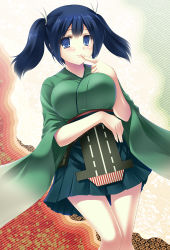 Rule 34 | 10s, 1girl, blue hair, blush, breasts, finger to mouth, japanese clothes, kantai collection, large breasts, personification, ribbon, sakai sakae, short hair, skirt, smile, solo, souryuu (kancolle), twintails, wide sleeves