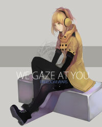 Rule 34 | 1girl, ankle boots, bad id, bad pixiv id, between legs, black footwear, black pantyhose, blonde hair, boots, closed mouth, coat, copyright name, cross-laced footwear, english text, freedom wars, full body, green eyes, grey background, hand between legs, headphones, highres, holster, jellycarrot, looking down, panna (freedom wars), pantyhose, silhouette, sitting, solo, thigh holster, yellow coat