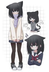 1girl absurdres animal_ears black_eyes black_hair black_pantyhose black_shoes black_socks blush cat_ears cat_girl cat_tail chibi chibi_inset closed_mouth commentary crossed_arms drawstring full_body grey_shirt grey_skirt grey_sweater grid_background highres jacket kanikan long_hair long_sleeves looking_at_viewer miniskirt multiple_views neckerchief open_mouth original pantyhose plaid_clothes plaid_skirt pleated_skirt purple_scarf red_neckerchief sailor_collar scarf school_uniform serafuku shirt shoes skirt sneakers socks standing sweater symbol-only_commentary tail upper_body v_arms variant_set white_background white_jacket white_sailor_collar