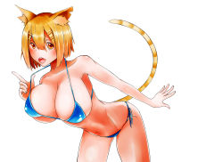 Rule 34 | 1girl, animal ears, bikini, blonde hair, breasts, cat ears, cat tail, cleavage, highres, large breasts, lun7732, navel, original, short hair, simple background, solo, swimsuit, tail, white background, yellow eyes