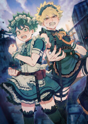 Rule 34 | 2boys, alternate costume, anger vein, angry, apron, armpit peek, back bow, backlighting, bakugou katsuki, belt, belt buckle, belt pouch, black belt, black footwear, black garter belt, black headdress, black skirt, black thighhighs, blonde hair, blurry, blurry background, boku no hero academia, boots, bow, bright pupils, buckle, building, buttons, city, cleavage cutout, clenched hands, clenched teeth, clothing cutout, cloud, colored shoe soles, commentary request, cowboy shot, crossdressing, dated commentary, dutch angle, enmaided, explosive, eyes in shadow, film grain, floating clothes, freckles, frilled apron, frilled cuffs, frilled skirt, frilled thighhighs, frills, garter belt, green bow, green eyes, green hair, green skirt, grenade, hair between eyes, hair bow, hand up, highres, layered skirt, leg up, legwear garter, looking at viewer, maid, maid apron, maid headdress, male focus, midoriya izuku, multiple belts, multiple boys, neck ribbon, open hand, open mouth, orange ribbon, outdoors, partial commentary, pouch, rabbit brooch, red eyes, ribbon, rubble, scar, scar on hand, short hair, short sleeves, single horizontal stripe, single vertical stripe, skirt, sky, sleeve cuffs, sleeveless, spiked hair, stepping, sweatdrop, tactical clothes, tactical maid, tannoci, teeth, thigh boots, thighhighs, twitter username, two-sided fabric, unconventional maid, white bow, white headdress, white headwear, white pupils, white wrist cuffs, wrist cuffs