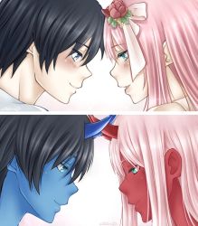Rule 34 | 10s, 1boy, 1girl, bad id, bad twitter id, black hair, blue eyes, blue horns, blue skin, blush, colored skin, commentary, couple, darling in the franxx, english commentary, face-to-face, facing another, flower, forehead-to-forehead, green eyes, hair flower, hair ornament, heads together, hetero, hiro (darling in the franxx), horns, long hair, looking at another, oni horns, pink hair, red horns, red skin, short hair, signature, spoilers, xwaterice, zero two (darling in the franxx)