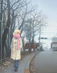 Rule 34 | 1girl, bare tree, blonde hair, car, chain-link fence, coat, day, fence, hands in pockets, long sleeves, looking to the side, lowres, motor vehicle, original, outdoors, pants, pink scarf, pole, power lines, road, scarf, short hair, solo, street, tree, vehicle, walking, weno, weno&#039;s blonde original character, winter, winter clothes, winter coat