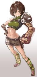 1girl :d arched_back armor artist_name belt belt_buckle belt_pouch breasts brown_eyes brown_footwear brown_gloves brown_hair brown_shorts buckle commentary cropped_sweater elbow_gloves final_fantasy final_fantasy_vii fingerless_gloves forehead_protector foreshortening full_body gloves gradient_background green_sweater grey_background grin groin hand_on_own_hip highres leaning_back looking_at_viewer looking_to_the_side looking_up loose_socks midriff navel open_mouth parted_lips pauldrons pouch ribbed_socks ribbed_sweater shoes short_hair short_shorts shorts shoulder_armor signature single_bare_shoulder single_pauldron sleeveless sleeveless_sweater sleeveless_turtleneck small_breasts smile socks solo sweater swept_bangs turtleneck turtleneck_sweater tyone white_background white_socks yuffie_kisaragi