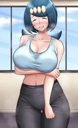 Rule 34 | 1girl, absurdres, alternate costume, arm under breasts, bare arms, beads, blue hair, blue shirt, blush, breasts, cleavage, collarbone, commentary request, creatures (company), day, closed eyes, freckles, game freak, grey pants, hair beads, hair ornament, highres, indoors, kiteman442, lana&#039;s mother (pokemon), large breasts, long hair, mature female, mature female, navel, nintendo, open mouth, pants, pokemon, pokemon (anime), pokemon sm (anime), shirt, sleeveless, sleeveless shirt, smile, solo, steam, sweat, teeth, thigh gap, tongue, upper teeth only, wet, wet clothes, wet shirt, window