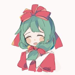 Rule 34 | 1girl, blush stickers, bow, chinese commentary, closed eyes, commentary request, dou bi aaa, front ponytail, green hair, hair bow, kagiyama hina, medium hair, open mouth, pale skin, puffy short sleeves, puffy sleeves, red bow, red ribbon, red shirt, ribbon, shirt, short sleeves, simple background, smile, solo, teeth, touhou, upper teeth only, white background