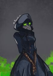 Rule 34 | 1girl, black dress, breasts, brown gloves, buttons, drawing, dress, elbow gloves, fortnite, gloves, green eyes, highres, hooded, long sleeves, mask, plague doctor, plague doctor mask, scourge (fortnite), simple background, solo, thepainter 06