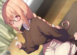 Rule 34 | 1girl, absurdres, ahoge, blush, bow, braid, breasts, ear picking, glasses, go-1, hair bow, highres, holding, large breasts, long hair, long sleeves, looking at viewer, mimikaki, original, parted lips, red eyes, seiza, sitting, skirt, solo