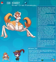 Rule 34 | 1girl, arthropod girl, character name, character profile, character sheet, crab claw, crab hair ornament, creatures (company), english text, game freak, gen 1 pokemon, hat feather, highres, kinkymation, krabby, monster girl, nintendo, personification, pokemon, stats