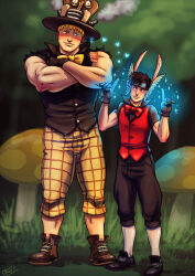 Rule 34 | 2boys, alternate costume, bara, black hair, blonde hair, blush, bow, bowtie, cosplay request, couple, cris art, crossed arms, eye contact, fairy, forest, full body, giant mushroom, hat, heart, height difference, hulkling, looking at another, looking to the side, loving aura, magic, male focus, marvel, multiple boys, muscular, muscular male, mushroom, nature, shirt, short hair, sideburns, sparkle, standing, thick eyebrows, top hat, torn clothes, torn shirt, tree, wiccan, yaoi, yellow bow, yellow bowtie