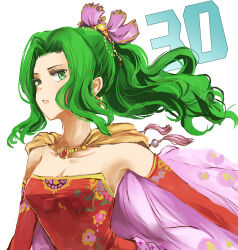 Rule 34 | 1girl, anniversary, cape, commentary request, detached sleeves, dress, final fantasy, final fantasy vi, gold trim, green eyes, green hair, high ponytail, highres, long hair, mizss, parted lips, red dress, red sleeves, simple background, solo, strapless, strapless dress, tina branford, upper body, wavy hair, white background