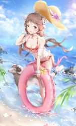 Rule 34 | 1girl, absurdres, ahoge, arknights, bare shoulders, barefoot, bikini, blue sky, brown hair, brs (33143752), chinese commentary, choker, cloud, commentary request, day, eyjafjalla (arknights), flower, halterneck, hand up, hat, hat flower, highres, holding, horns, innertube, long hair, looking at viewer, ocean, open mouth, pink choker, pink eyes, purple flower, red bikini, sheep, sheep horns, side-tie bikini bottom, sky, solo, standing, standing on one leg, sun hat, swim ring, swimsuit, water, wrist cuffs