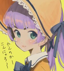 Rule 34 | 1girl, black ribbon, blunt bangs, blush, bonnet, collared dress, commentary request, dress, green eyes, hair ribbon, hat, highres, long hair, looking at viewer, looking to the side, mochi hiyoko, mochipro, neck ribbon, orange dress, orange hat, parted lips, portrait, purple hair, ribbon, simple background, smirk, solo, tamo (gaikogaigaiko), translated, twintails, v-shaped eyebrows, virtual youtuber, yellow background