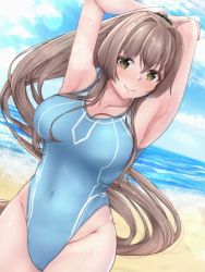 Rule 34 | 1girl, aga marino, arms behind head, arms up, bad id, bad twitter id, beach, blue one-piece swimsuit, blue sky, breasts, brown eyes, brown hair, cloud, collarbone, competition swimsuit, covered navel, cowboy shot, day, highleg, highleg swimsuit, kantai collection, large breasts, long hair, looking at viewer, one-piece swimsuit, outdoors, ponytail, sky, solo, swimsuit, yamato (kancolle)