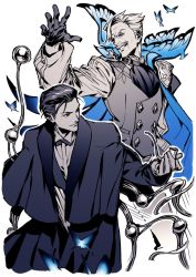 Rule 34 | 2boys, black hair, bug, butterfly, facial hair, fate/grand order, fate (series), formal, holding, holding smoking pipe, insect, james moriarty (archer) (fate), komiya kuniharu, male focus, monochrome, multiple boys, mustache, open mouth, sherlock holmes (fate), short hair, simple background, smile, smoking pipe, suit, white hair
