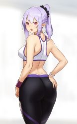 Rule 34 | 1girl, ass, bare shoulders, elf, from behind, gradient background, hand on own hip, houtengeki, long hair, looking at viewer, looking back, midriff, open mouth, original, pants, pink hair, pointy ears, ponytail, purple eyes, purple hair, sidelocks, simple background, sleeveless, smile, solo, sports bra, wristband, yoga pants