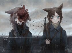 Rule 34 | ..., 2girls, ammunition pouch, animal ears, arm at side, arms at sides, bare tree, battle rifle, belt, bird, blood, blood on clothes, blood on face, blood splatter, blue coat, blue eyes, braid, brown hair, buttons, cat ears, cat girl, closed mouth, coat, collared coat, crow, dialogue box, diu9you, ears down, empty eyes, field, frown, furrowed brow, grass, grey hair, gun, gun sling, gunshot wound, guro, hair over shoulder, hand up, head tilt, headshot, highres, holding, holding strap, injury, jacket, load bearing equipment, long hair, looking at viewer, m14, military, military jacket, military uniform, multiple girls, original, outdoors, overcast, parted bangs, ponytail, pouch, rifle, sidelocks, single braid, sky, smoke, soldier, straight-on, teeth, tree, uniform, war, weapon, weapon on back