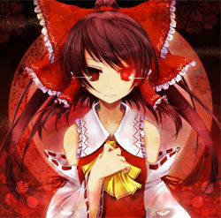 Rule 34 | 1girl, album cover, bad id, bad pixiv id, bow, brown eyes, brown hair, cover, detached sleeves, duplicate, female focus, flower, glowing, glowing eye, hair bow, hakurei reimu, hand on another&#039;s chest, hand on own chest, japanese clothes, large bow, long hair, miko, red eyes, red theme, ribbon, scarlet (studioscr), serious, solo, touhou