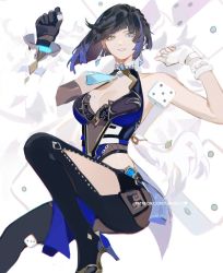 Rule 34 | 1girl, bare shoulders, black gloves, black hair, blue eyes, blue hair, breasts, chinese clothes, cleavage, dice, fingerless gloves, genshin impact, gloves, highres, holding, holding dice, lanhacy, looking at viewer, medium breasts, mole, mole on breast, open mouth, short hair, smile, solo, white gloves, yelan (genshin impact)