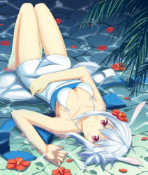 Rule 34 | 1girl, animal ears, bikini, blush, breasts, collarbone, djmax, djmax portable, djmax technika, flower, hair flower, hair ornament, hibiscus, keikei (kitty colors), legs, long legs, looking at viewer, lying, md5 mismatch, medium breasts, on back, partially submerged, petals, purple eyes, red eyes, resolution mismatch, short hair, silver hair, smile, solo, source larger, suee, swimsuit, thigh gap, underwear, water, white bikini