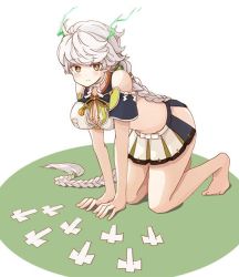 Rule 34 | 10s, 1girl, all fours, antlers, bare legs, bare shoulders, barefoot, braid, cleavage cutout, clothing cutout, cloud print, colored eyelashes, enu (roco roco44), horns, jitome, kantai collection, light smile, long hair, looking at viewer, midriff, miniskirt, onmyouji, shikigami, silver hair, single braid, skirt, solo, unryuu (kancolle), very long hair