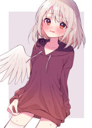 Rule 34 | 1girl, angel wings, blush, collarbone, commentary request, flat chest, furrowed brow, grey hair, hood, hoodie, kishin sagume, long sleeves, looking at viewer, open mouth, outside border, red eyes, short hair, simple background, single wing, solo, sweatdrop, thighhighs, touhou, touya (konpekitou), white thighhighs, wings