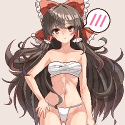 Rule 34 | 1girl, arm at side, bare shoulders, blush, bow, breasts, brown eyes, brown hair, chest sarashi, closed mouth, collarbone, commentary request, cowboy shot, eaglov, frilled bow, frilled hair tubes, frills, gluteal fold, grey background, hair bow, hair tubes, hakurei reimu, hand on own hip, highres, long hair, looking at viewer, midriff, navel, panties, pixel art, red bow, sarashi, simple background, small breasts, solo, speech bubble, spoken blush, stomach, touhou, underwear, very long hair, white panties