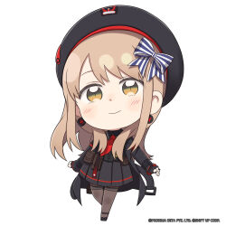 Rule 34 | 1girl, beret, black bow, black coat, black footwear, black gloves, black hat, black shirt, black skirt, blue ribbon, bow, brown eyes, chibi, closed mouth, coat, commentary, emma (nikke), english commentary, fingerless gloves, footwear bow, full body, gloves, goddess of victory: nikke, hair ribbon, hat, highres, light brown hair, light smile, long hair, long sleeves, looking at viewer, necktie, official art, open clothes, open coat, pantyhose, pleated skirt, pouch, red necktie, ribbon, shirt, skirt, solo, standing, standing on one leg, striped ribbon, thighband pantyhose, totatokeke, white ribbon