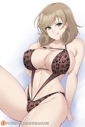 Rule 34 | 1girl, :q, animal print, aslindsamure, bare shoulders, blush, breasts, brown hair, brown one-piece swimsuit, cleavage, closed mouth, collarbone, curly hair, green eyes, hand on own chest, haruka (senran kagura), highleg, highleg swimsuit, highres, knee up, large breasts, leaning back, leopard print, licking lips, looking at viewer, navel, one-piece swimsuit, senran kagura, senran kagura shoujo-tachi no shin&#039;ei, short hair, sitting, smile, solo, swept bangs, swimsuit, thighs, tongue, tongue out, white background