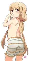 Rule 34 | 10s, 1girl, ass, back, back focus, bike shorts, blonde hair, bloomers, blush, brown eyes, female focus, flat chest, from behind, futaba anzu, idolmaster, idolmaster cinderella girls, long hair, looking at viewer, looking back, shift (waage), shorts, simple background, solo, topless, twintails, underwear, very long hair