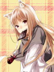 Rule 34 | 1girl, animal ears, biting, blush, brown hair, chocolate, fang, grin, holo, kawakami rokkaku, long hair, looking at viewer, mouth hold, plaid, plaid background, pouch, red eyes, sketch, smile, solo, spice and wolf, tail, wolf ears