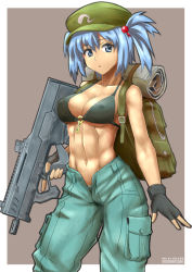 Rule 34 | 1girl, abs, alternate costume, arm at side, assault rifle, backpack, bag, bare shoulders, bikini, bikini top only, black gloves, blue hair, blue pants, breasts, bullpup, carbine, cleavage, commentary request, covered erect nipples, ebr-kii, fingerless gloves, gloves, gun, hair bobbles, hair ornament, holding, holding weapon, kawashiro nitori, key, looking at viewer, magpul pdr, magpul pdr-c, medium breasts, midriff, military, muscular, muscular female, navel, open mouth, pants, personal defense weapon, prototype design, revealing clothes, rifle, short-barreled rifle, short hair, solo, submachine gun, swimsuit, toned, touhou, twintails, two side up, unbuttoned, underboob, weapon