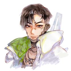 Rule 34 | 1boy, animification, apex legends, black eyes, black hair, black shirt, chinese commentary, collarbone, crypto (apex legends), highres, hongpixishi, jacket, jewelry, looking at viewer, male focus, necklace, parted hair, shirt, solo, traditional media, v-shaped eyebrows, white jacket