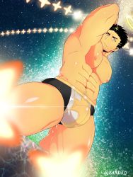 Rule 34 | 1boy, abs, arm behind head, armpits, bara, black hair, black male swimwear, bulge, facial hair, feet out of frame, from below, halo, highres, kikkom (kynkito), large bulge, large pectorals, looking at viewer, male focus, male swimwear, mature male, muscular, muscular male, navel, navel hair, nipples, pectorals, print male swimwear, short hair, sideburns, sky, solo, star (sky), starry sky, stomach, stubble, swim briefs, thick thighs, thighs, tokyo houkago summoners, topless male, zabaniyya (housamo)