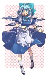 Rule 34 | 1girl, alternate costume, apron, blue eyes, blue hair, bow, cirno, enmaided, hair bow, heart, maid, maid apron, matching hair/eyes, pointy ears, puffy sleeves, short hair, smile, solo, touhou, waist apron, wenny02, wrist cuffs