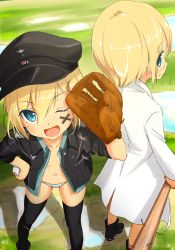 Rule 34 | 2girls, :d, bad id, bad pixiv id, baseball, baseball bat, baseball glove, blonde hair, erica hartmann, from above, gloves, hand on own hip, hat, hip focus, looking at viewer, multiple girls, nemo (piisukun), one eye closed, open mouth, short hair, siblings, sisters, smile, strike witches, thighhighs, ursula hartmann, wink, world witches series