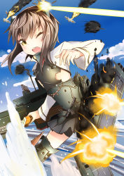 Rule 34 | 10s, 1girl, aircraft, airplane, anchor, battle, bike shorts, brown hair, explosion, highres, kantai collection, machinery, one eye closed, open mouth, radar, short hair, skirt, smoke, solo, sylphine, taihou (kancolle), torn clothes, water, yellow eyes