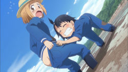 Rule 34 | 2girls, ass, black hair, blush, brown hair, butt crack, clenched teeth, clothes pull, hat, highres, hodaka natsumi, houkago teibou nisshi, multiple girls, no panties, open mouth, outdoors, pants, pants pull, pulling another&#039;s clothes, short hair, sky, teeth, tsurugi hina