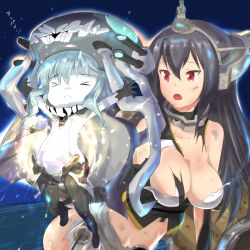 Rule 34 | &gt; &lt;, 10s, 2girls, :&lt;, :o, abyssal ship, bare shoulders, black hair, blue hair, blue skin, breasts, bruise, chibi, closed eyes, collar, colored skin, elbow gloves, female focus, gloves, glowing, grey hair, hair between eyes, hair ornament, hairband, headgear, injury, kantai collection, large breasts, leaning forward, long hair, looking at another, midriff, multiple girls, mushi gyouza, nagato (kancolle), navel, open mouth, outstretched arms, pale skin, personification, red eyes, sidelocks, spread arms, tears, text focus, torn clothes, tsurime, wince, wo-class aircraft carrier