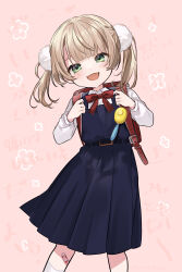 Rule 34 | 1girl, absurdres, backpack, bag, bandaid, bandaid on leg, belt, black belt, blonde hair, blue dress, blush, bow, bowtie, child, commentary, crime prevention buzzer, dress, green eyes, hair ornament, hands up, highres, holding strap, indie virtual youtuber, long sleeves, looking at viewer, medium hair, open mouth, pink background, pleated skirt, pom pom (clothes), pom pom hair ornament, randoseru, red bag, red bow, red bowtie, sake (utopia modoki), school uniform, shigure ui (vtuber), shigure ui (vtuber) (young), shirt, skirt, smile, solo, translation request, twintails, virtual youtuber, white shirt