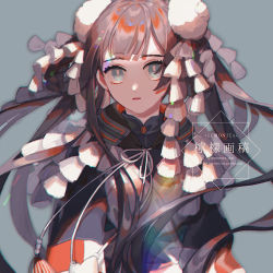 Rule 34 | 1girl, artist name, blue eyes, chinese text, collar, english text, facing viewer, grey background, hair ornament, lemontea, looking at viewer, original, parted lips, simple background, solo, traditional clothes, translation request, upper body