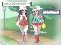 Rule 34 | 2girls, absurdres, bag, beanie, bench, black eyes, black hair, blue jacket, blue legwear, blush, boots, bottomless, breasts, clitoral hood, coat, collaboration, creatures (company), dawn (pokemon), day, english text, exhibitionism, eye contact, female focus, full body, game freak, grass, green (pokemon), grey eyes, grey hair, hair ornament, hairclip, half-closed eyes, hand up, hat, highres, jacket, jaggy lines, kneehighs, lamppost, long hair, long sleeves, looking at another, matching hair/eyes, medium breasts, microskirt, multiple girls, nintendo, no panties, open mouth, outdoors, pink footwear, poke ball theme, pokemon, pokemon dppt, pokemon frlg, pokemon platinum, protoscene, public indecency, pussy, red coat, red footwear, red skirt, scarf, skindentation, skirt, skitterleaf, sky, smile, socks, standing, striped clothes, striped scarf, talking, teeth, text focus, thighhighs, tree, uncensored, walking, white headwear, white legwear, white scarf, zenra