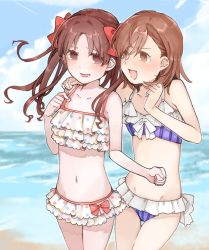 Rule 34 | 2girls, :d, bikini, blue sky, bow, brown eyes, brown hair, cloud, collarbone, day, frilled bikini, frills, groin, hair between eyes, hair bow, hand on another&#039;s shoulder, long hair, looking at viewer, misaka mikoto, multiple girls, nanaheibei 3, navel, ocean, open mouth, outdoors, polka dot, polka dot bikini, purple bikini, red bow, shirai kuroko, short hair, sky, smile, standing, striped bikini, striped clothes, swimsuit, toaru majutsu no index, twintails, vertical-striped bikini, vertical-striped clothes