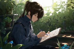 Rule 34 | 1boy, blue flower, blue shirt, brown hair, flower, high ponytail, highres, holding, holding pen, kunyetog, long hair, long sleeves, looking down, male focus, pen, plant, potted plant, shirt, solo, tower of god, twenty-fifth bam, writing