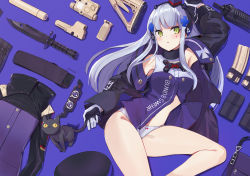 Rule 34 | 1girl, animal, arm up, armpits, assault rifle, bare shoulders, bayonet, beret, black cat, black gloves, black jacket, cat, combat knife, cross hair ornament, facial mark, girls&#039; frontline, gloves, goggles, green eyes, gun, h&amp;k hk416, hair ornament, hat, unworn hat, unworn headwear, highres, hk416 (girls&#039; frontline), hk416 (mod3) (girls&#039; frontline), jacket, unworn jacket, knife, long hair, long sleeves, looking at viewer, lying, magazine (weapon), mini hat, mod3 (girls&#039; frontline), no pants, off shoulder, on back, open clothes, open jacket, open shirt, panties, parted lips, purple background, purple jacket, purple shirt, ranyu, rifle, shirt, sidelocks, silver hair, sleeveless, sleeveless shirt, solo, thighs, underwear, weapon, white panties