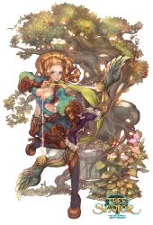 Rule 34 | 1girl, archer (tree of savior), archery, bow (weapon), breasts, cleavage, fingerless gloves, full body, gloves, green eyes, highres, large breasts, leg up, looking at viewer, maggi, official art, orange hair, parted lips, ponytail, simple background, solo, standing, standing on one leg, teeth, tree of savior, weapon, white background