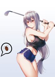Rule 34 | 1girl, arknights, bare arms, bare shoulders, bishi (bishi), black tank top, blue shorts, blush, breasts, chinese commentary, cleavage, commentary request, cowboy shot, crop top, dolphin shorts, golf club, gradient background, grey background, hair between eyes, highres, holding, holding golf club, large breasts, long hair, low-tied long hair, midriff, navel, no headwear, partial commentary, red eyes, short shorts, shorts, silver hair, skadi (arknights), solo, standing, tank top, thighs, very long hair, white background
