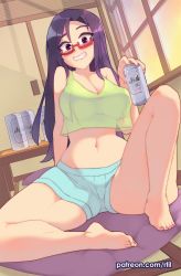 Rule 34 | 1girl, barefoot, beer can, blue shorts, blush, breasts, camisole, can, commentary, demi-chan wa kataritai, drink can, drunk, english commentary, fusuma, glasses, grin, highres, indoors, large breasts, long hair, looking at viewer, midriff, navel, purple eyes, purple hair, red-framed eyewear, rtil, satou sakie, see-through, semi-rimless eyewear, short shorts, shorts, sitting, sliding doors, smile, solo, spread legs, tatami, thick thighs, thighs, under-rim eyewear, window, yellow camisole